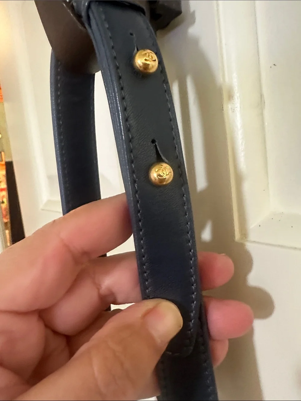CHANEL small blue & Cream Chevron and Leather Boy Crossbody